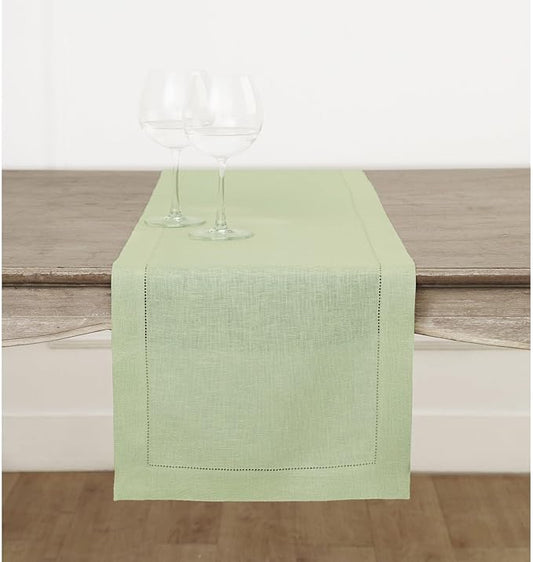 Solino Home Linen Table Runner 48 Inches - 100% Pure Linen Sage Green Hemstitch Table Runner 14 x 48 Inch Ideal for Dresser and Coffee Tables - Fall, Autumn, Thanksgiving - Classic Hemstitch