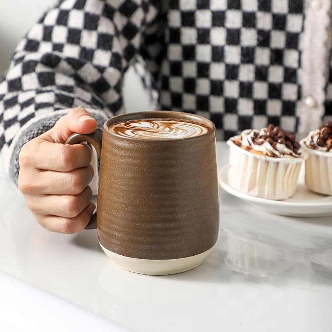 Hasense Porcelain Coffee Mugs Set of 6, 15 Ounce Large Ceramic Coffee Cups Set with Handle for Latte, Tea, Cocoa and Hot Chocolate, Brown Coffee Mugs for Men and Women, Microwave Safe