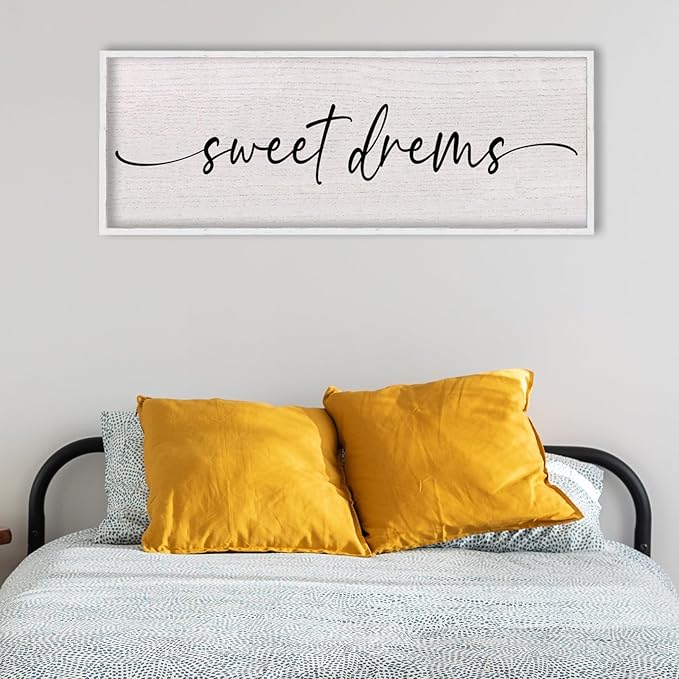 LuZhiQiang Sweet Dreams Sign Wall Decor Above Over Bed 40" x 15" Large Wood Framed for Guest Room Master Bedroom Hanging Wall Art (White)