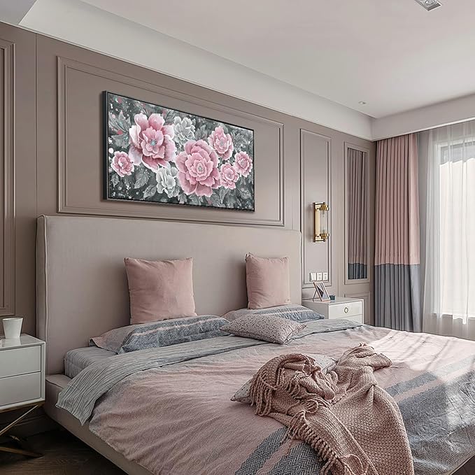 Large Pink Wall Art for Living Room- Pink and Black Peony Floral Canvas Wall Art Modern Framed Moody Black and White Wall Picture Flower Artwork Decor for Bedroom Dining Room Office 48x24