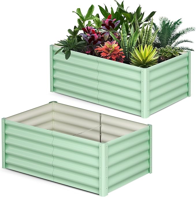 Galvanized Raised Garden Bed Outdoor, 2 Pcs 6x3x1.5FT Outdoor Large Planter Raised Beds Open Base with Safety Edge and Glove for Vegetables Flowers Ground Planter, Green