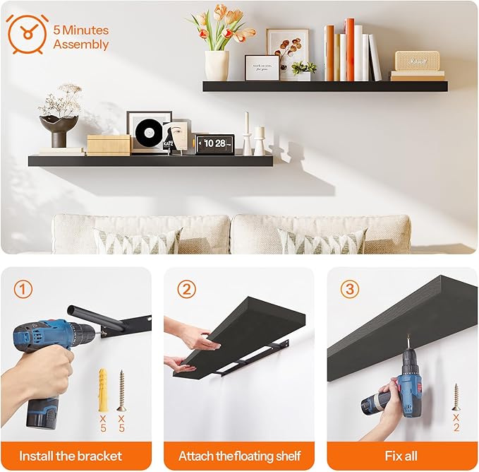 HOOBRO Floating Shelves for Wall, Wall Mounted Shelf Set of 2, 55" Hanging Shelf with Invisible Brackets, for Wall in Bathroom, Bedroom, Toilet, Kitchen, Living Room, Office, Black BK140BJP201