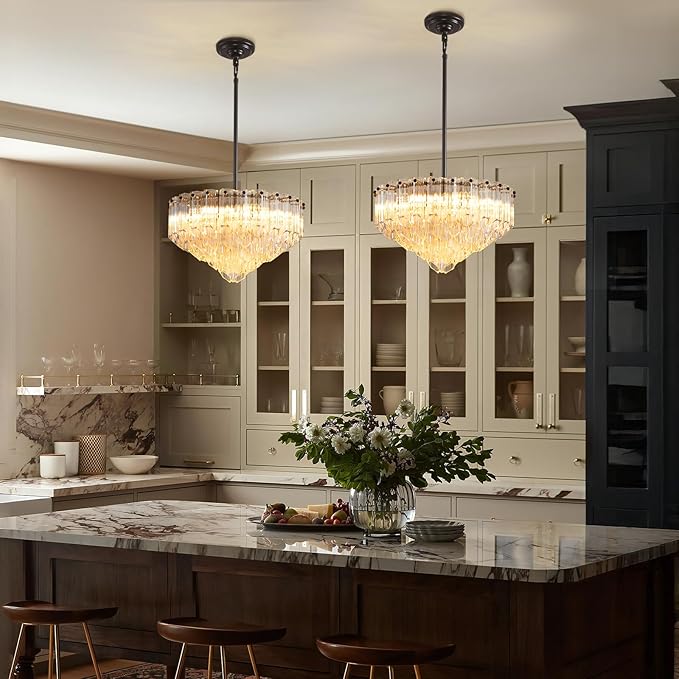 Modern Clear Glass Chandelier, 14" Round Crystal Dining Room Chandelier, Small Black Pendant Light Hanging Fixture for Bedroom, Kitchen Island Light Dimmable Ceiling Lighting Chandeliers for Bathroom