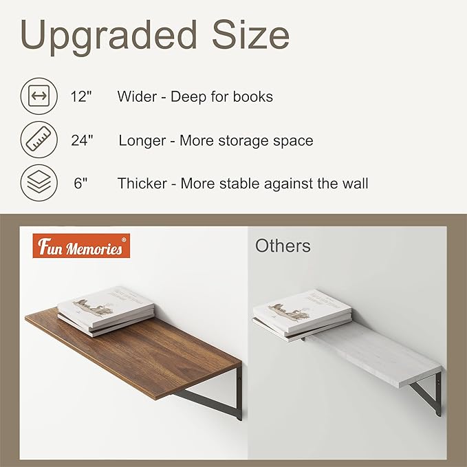 Deep Floating Shelves, 12 Inch Deep Floating Shelves for Wall, 24"W x 12"D Wall Shelves for Books, Large Rustic Wooden Shelf, Wide Display Shelf for Bathroom, Living Room, Walnut Color, Set of 2