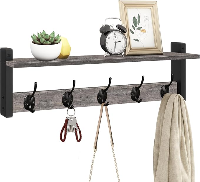 Homode Wall Hooks With Shelf, 24 Inch Coat Rack Wall Mount for Entryway, Clothes, Backpack, Key, Purse - Floating Shelf Hanging in Bathroom, Bedroom, Hallway, Rustic Grey