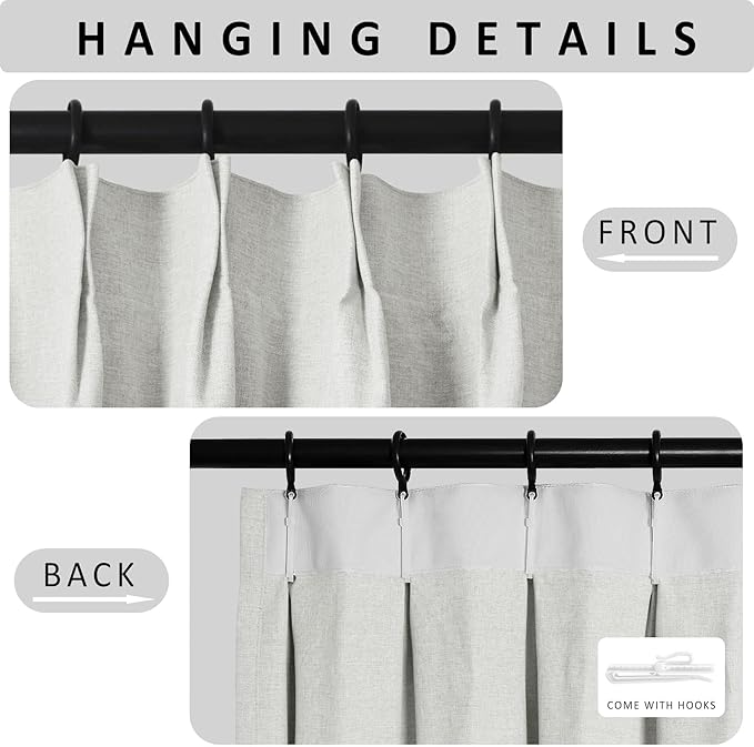 Macochico Pinch Pleated Blackout Curtains 102 Inches Long 100% Blackout Natural Linen Drapes for Bedroom Living Room Windows Farmhouse Burlap Curtains with Tieback 52”Wx102”L Greyish White 1 Panel