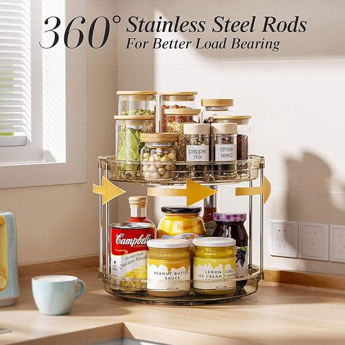 LAMU 2 Pack 2 Tier Lazy Susan Turntable Organizer 10.6'' Rotating Spice Rack Organization for Cabinet, Kitchen, Pantry, Countertop, Bathroom, Vanity, Medicine Cabinet Organizer, Amber