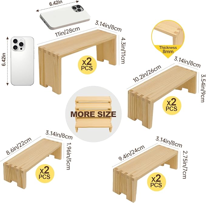 Large Display Wood Risers Wooden Stand 8 Tier Wood Racks Decorative Rectangular, 2 Set 8 Pieces Cupcake Stands Cologne Perfume Organizer Dessert Showcase Items(nature)