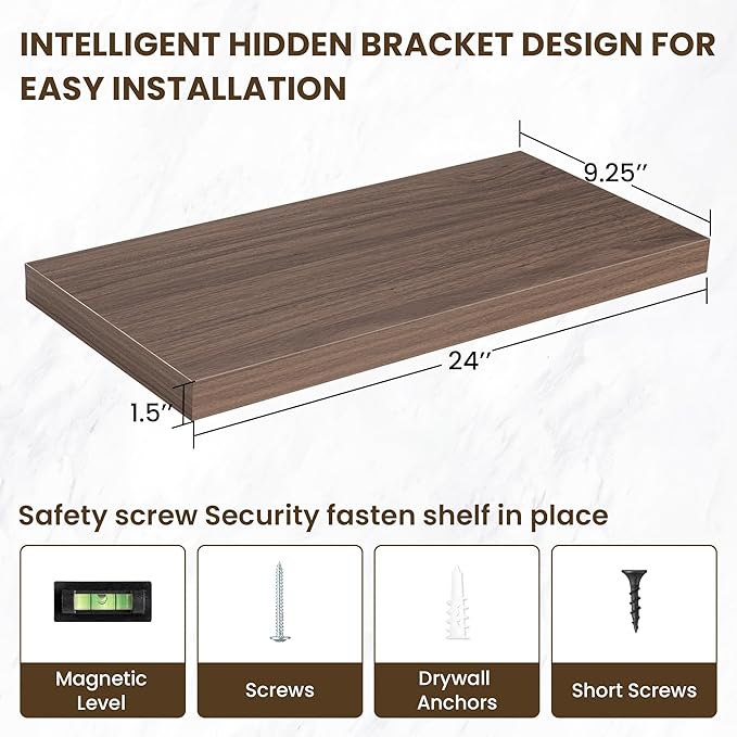 24 Inch Floating Shelves, 24"x9.25"x1.5" Inch Deep Floating Shelves for Wall, Wooden Shelves for Bathroom, Bedroom, Living Room, Walnut