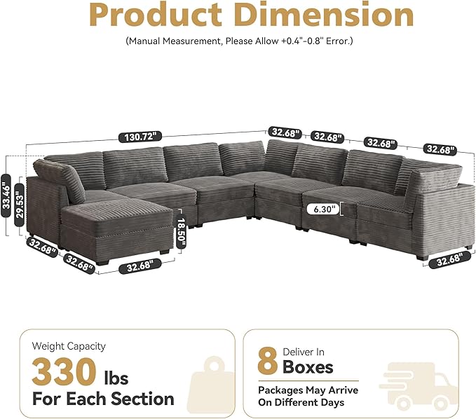 Modular Sectional Sofa with Chaise U Shaped Sectional Couch for Living Room, 8-Seater Comfy Cloud Couches with One Movable Ottoman, Plush Corduroy, Gray