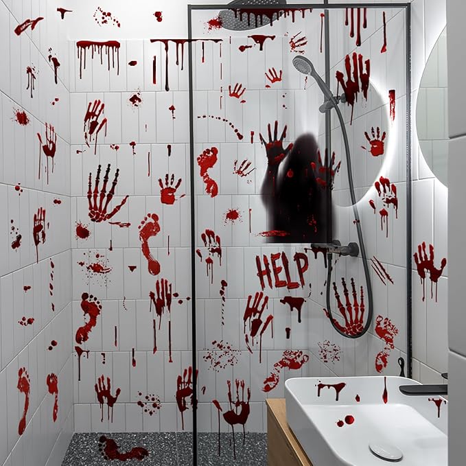 Halloween Bloody Handprint Footprint Window Stickers Wall Stickers for Halloween Party Decorations Inside Outside Decor Come with Plastic Scraper Tools