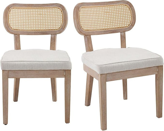 Rattan Dining Chairs Set of 2, Linen Fabric Farmhouse Dining Room Chairs with Cane Back Curved Backrest Kitchen Chairs Rustic Armless Side Chairs for Dining/Living Room/Restaurant, Beige