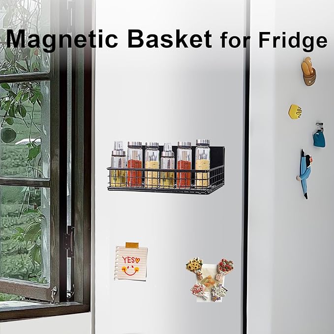 Magnetic Basket, Magnetic Shelf for Fridge, Magnetic Spice Rack for Refrigerator Magnetic Locker Organizer Holder for Office Kitchen Classroom Storage, Black-Low, 9.44" x 4" x 1.77"