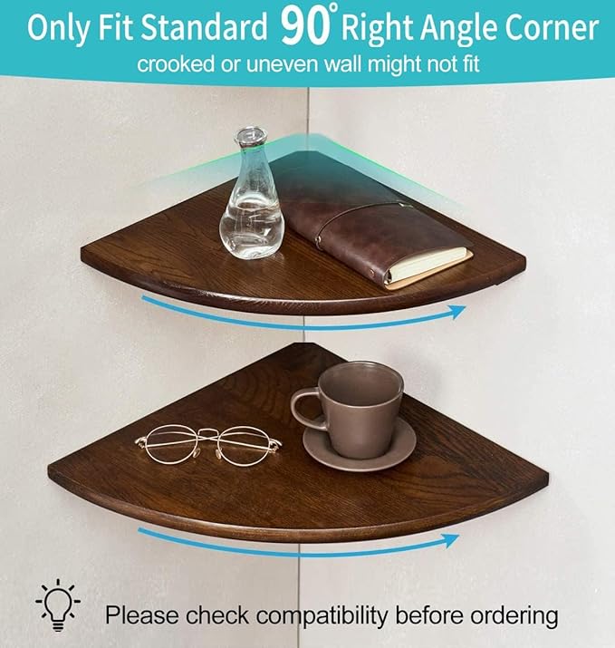 Corner Shelf, Solid Oak Wood Floating Corner Shelf Wall Mount Round End Floating Speaker with Wire Hole for Small Plant Photo for Bedroom Kitchen, Living Room