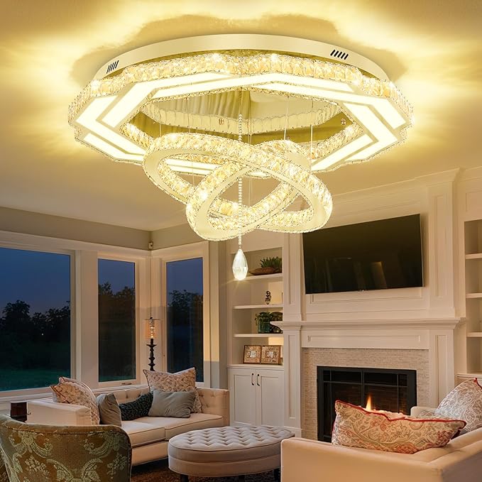 Flashing God Crystal Chandeliers Dia 32" Gold Chandelier Flush Mount Ceiling Light for Bedroom Living Room Dining Room Hallway Dimmable 3 Rings LED Celing Lighting Fixtures