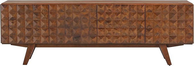 NTC Sapa Mid-Century Modern Solid Wood TV Stand 4-Door Media Console with Carved Geometric Fronts for TVs up to 75", Effortless Assembly, Dark Walnut