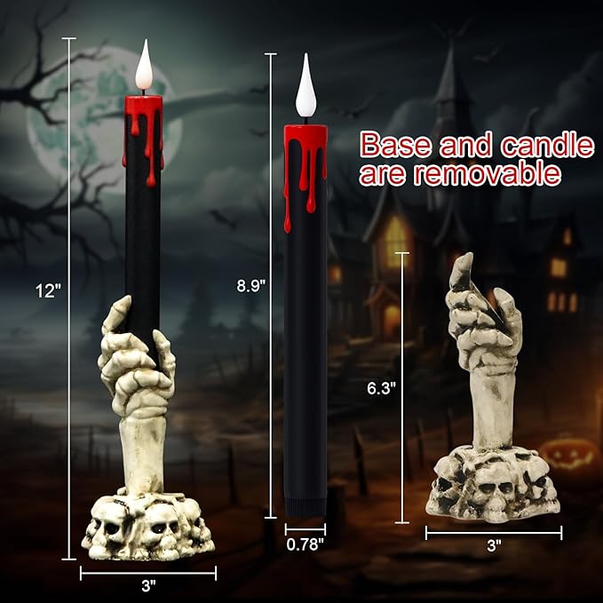 GenSwin Halloween Black Taper Flameless Candles with Ghost Hand Candlesticks and Remote Timer, 2 Pcs Battery Operated Taper Candles with Holder and 3D Flame for Halloween Decor