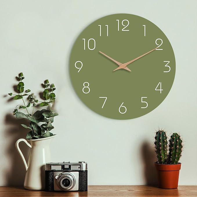 Mosewa Modern Wall Clock Silent Non-Ticking 14 Inch Olive Green Battery Operated Simple Minimalist for Living Room Office Bedrooms Kitchen Home Decor