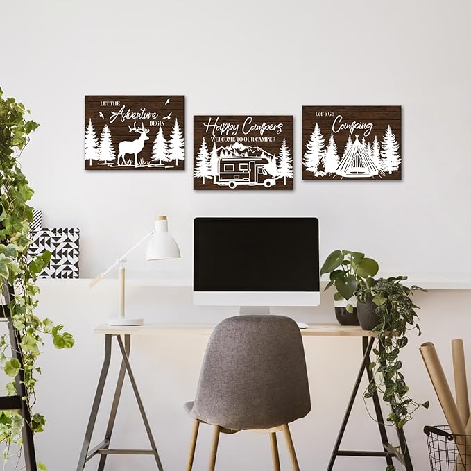 HOMEOART Camper Decor RV Wall Art Happy Campers Adventure Camping Wall Decor Sign, Deer in Forest Farmhouse Cabin Decoration,Framed 12x16inchx3Piece, Rustic Brown