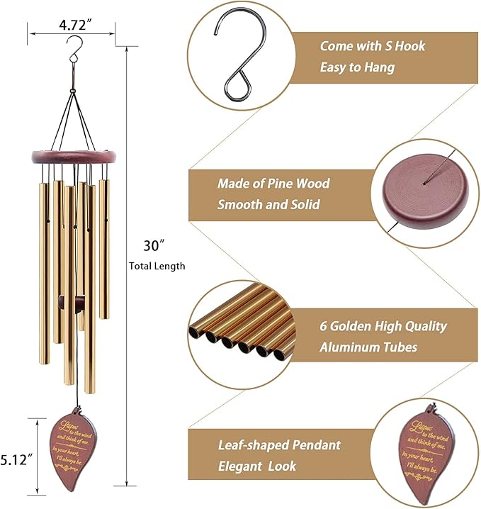 Wind Chimes for Outside, 30" Wooden Sympathy Wind Chimes Memorial Wind Chime for Loss of Loved One Mother Father, Sympathy Gift Home Decor Outdoor Garden Patio