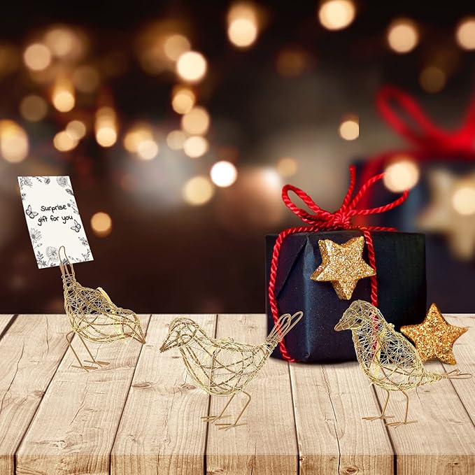 Artisan Handmade Gold-Wire Woven Bird Statues Trio Table Decor- Modern Farmhouse Shelf Decor with Hanging Chain, Multi-Pose Metal Bird Figurines for Home Office & Holiday Display