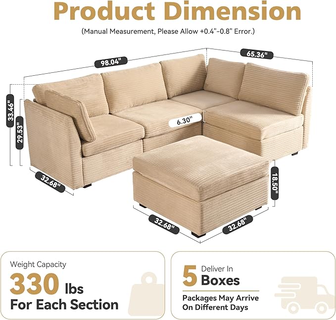 Modular Sectional Sofa, 130.7" L Shaped Couch Set for Living Room, 4-Seater Comfy Cloud Couches with Movable Ottoman, DIY Combination, Plush Corduroy, Beige