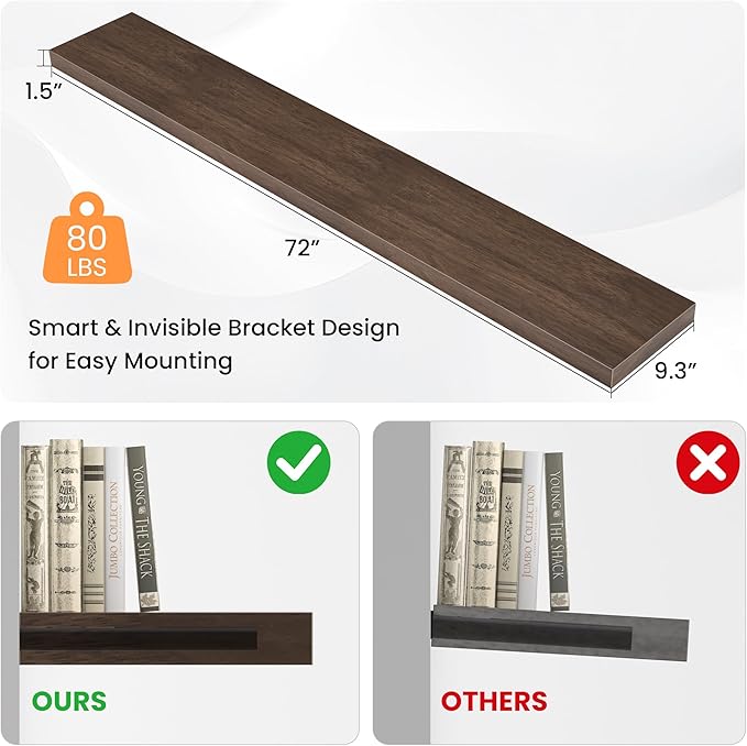 Floating Shelves for Wall, 72"W x 9.3"D x 1.5"H, Long Wooden Wall Mounted Display Shelves with Invisible Brackets for Living Room, Bedroom, Bathroom, Kitchen Decor and Storage, Set of 1, Walnut