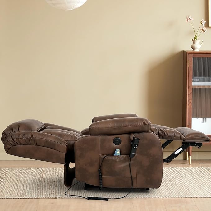MAEVIS Power Recliner Chair, Lay Flat Sleeping Lift Chairs Recliner for Elderly with Heat and Massage,Comfy Real Breathable Leather Recliners with Dual OKIN Motor for Living Room (Ochre)