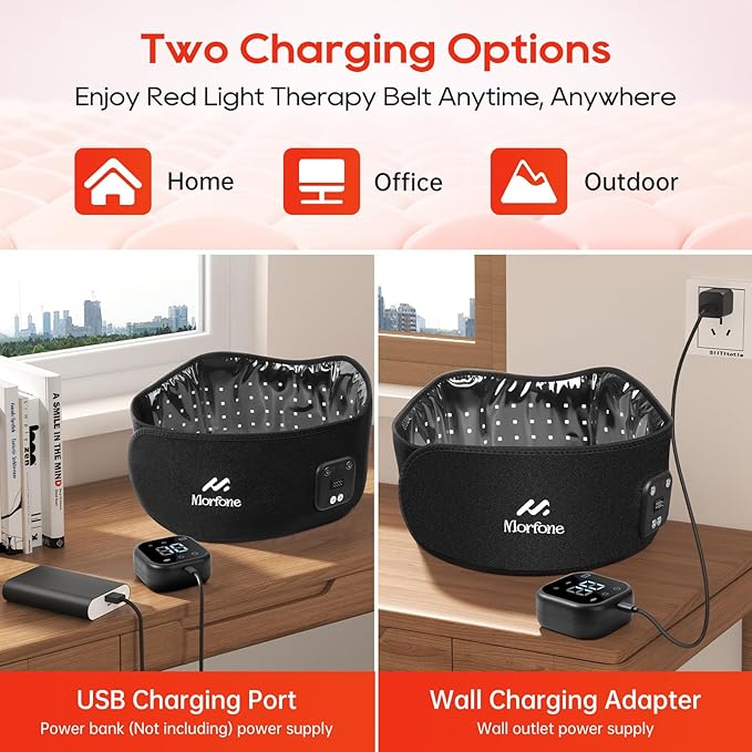 Morfone Red Light Therapy Belt, Cordless Infrared Light Therapy Pad for Body Heating Vibration Rechargeable Waist Wrap with Controller/Timer, 660nm&850nm, for Back Shoulder Muscle Pain Relief