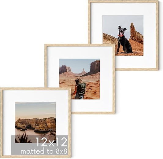HAUS AND HUES Solid Oak Wood 12”x12” Picture Frames Matted to 8”x8” Set of 3-12x12 Photograph Frames With Mat, 12 by 12 Picture Frames Square, 12 x 12 Square Frames (Beige Oak Frames)