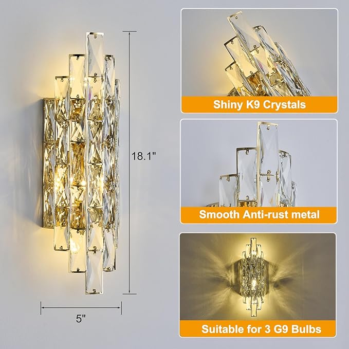 Modern Gold Crystal Wall Sconce Light Fixtures, Wall Mount Lamps for Bedroom Living Room Bathroom Vanity Mirror