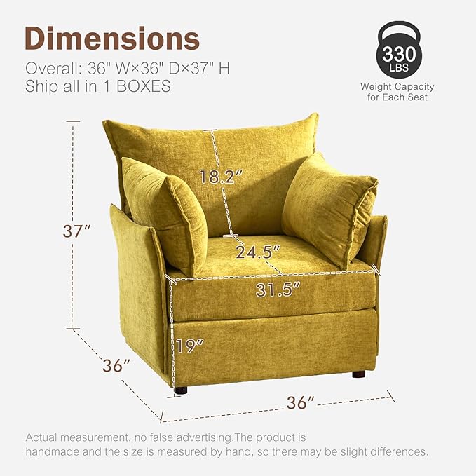 Oversized Accent Chair, 24.5" Deep Seat Large Reading Armchair with Removable Backrest & Detachable Cover,Chenille Yellow for Living Room/Bedroom/Office