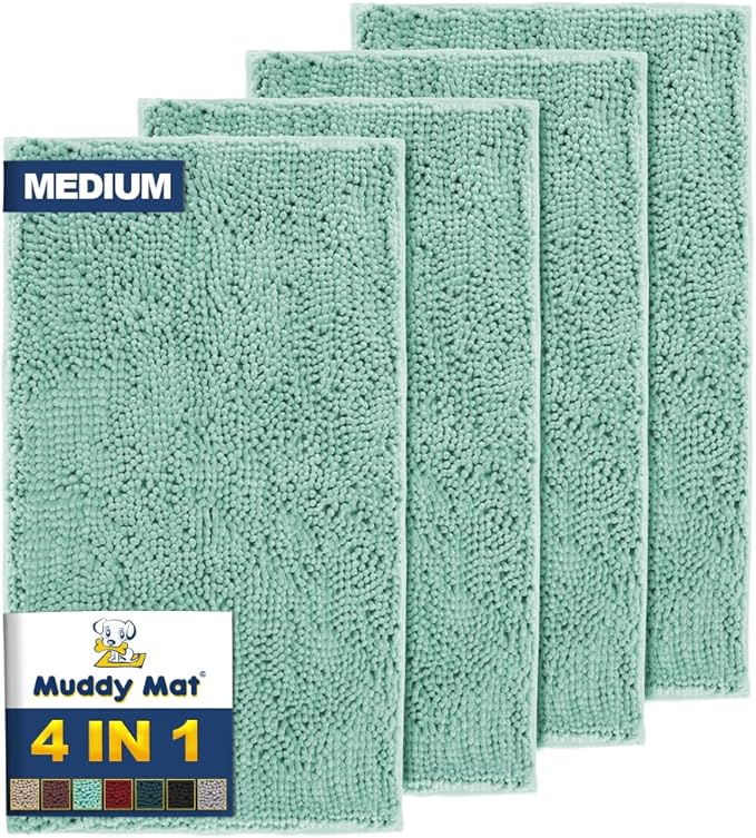 Muddy Mat® 4-Piece Seafoam Green Medium 30"X19" AS-SEEN-ON-TV Highly Absorbent Microfiber Door Mat, Bath Mat and Pet Rug, Non Slip Thick Washable, Soft Chenille for Kitchen Bedroom Indoor and Outdoor