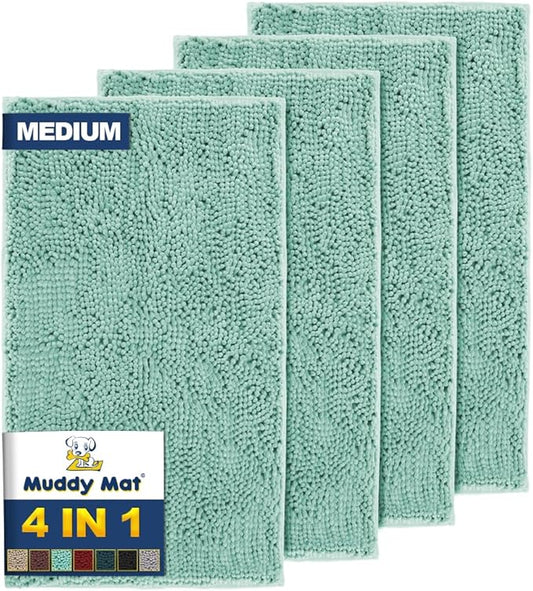 Muddy Mat® 4-Piece Seafoam Green Medium 30"X19" AS-SEEN-ON-TV Highly Absorbent Microfiber Door Mat, Bath Mat and Pet Rug, Non Slip Thick Washable, Soft Chenille for Kitchen Bedroom Indoor and Outdoor