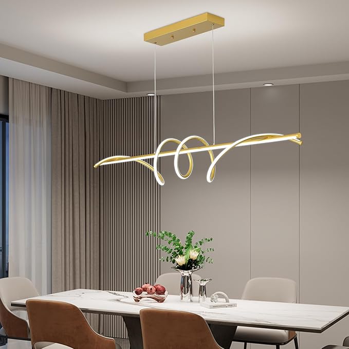 Modern Design Dimmable Desk Linear Pendant Light, with Remote Control Dimmable 3 Color Mode & Brightness Ceiling Lamp, Anti-Flicker Dining Light Fixture for Kitchen, Dining Room (Gold, 47IN)