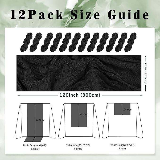 10FT 12 Pack Black Cheesecloth Table Runner 20 x 120 Inch Long Boho Fabric Rustic Cheese Cloth Table Runner for Wedding Bridal Shower Baby Shower Gauze Sheer Birthday Party Table Decorations