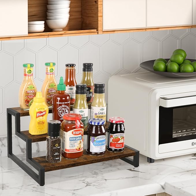 YINMIT Tiered Display Stand Riser Shelf, Wooden Spice Rack Organizer for Countertop, 3 Tier Kitchen Counter Shelf