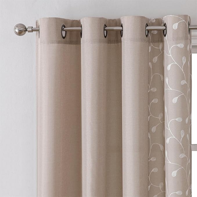 MIUCO Light Filtering Faux Linen Curtains - 95 Inch Long Bedroom & Living Room Drapes, Linen Floral Embroidered Solid Mix & Match, Semi Sheer Grommet Farmhouse Curtains, 2 Panels Set