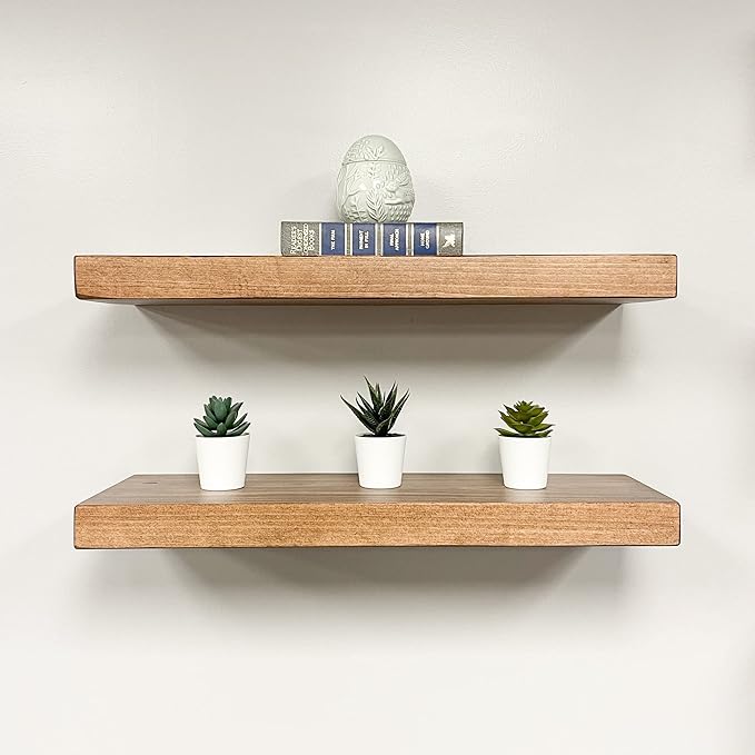 URBANDI, Rustic Floating Shelves, Set of 2, Hidden Bracket, Solid Wood, Heavy Duty, Wall Mounted Shelves, (Brown, 36Wx10D)