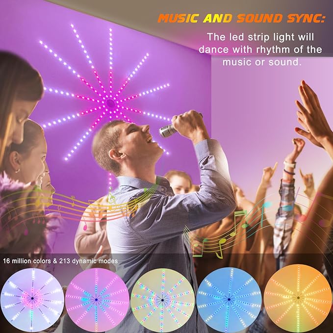 Smart Firework LED Lights Indoor, Music Sync LED Firework Lights with Firework Launch Effect, App and Remote Control, 11pcs LED Strip Lights with RGB Color Changing for Room, Festival Decor