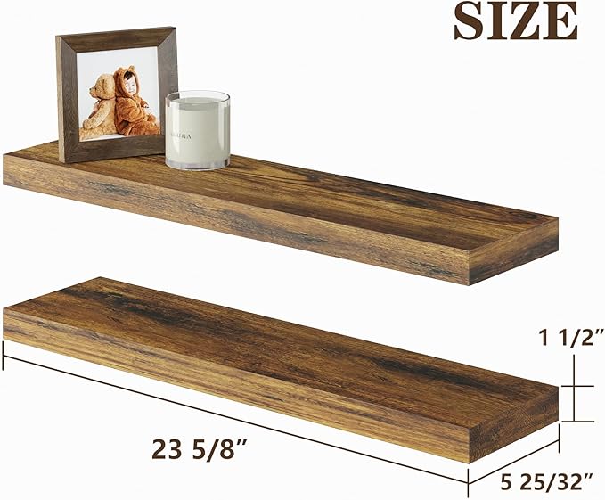 BAMEOS Floating Shelf,Wall Shelf,Decor Wall Mounted Shelves,Hanging Shelf Set L24xW6 for Bathroom Kitchen Living,Kitchen,Room Bedroom Storage, Rustic Brown