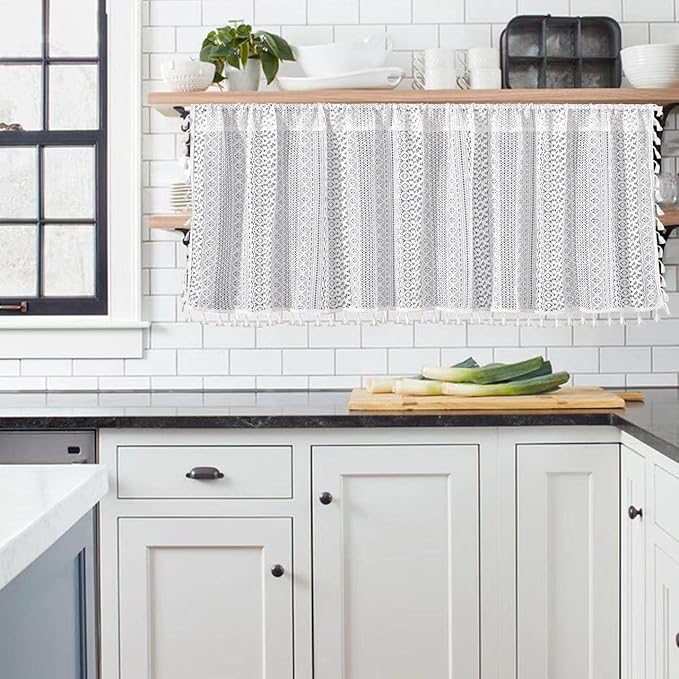 Sutuo Home Boho Sheer Curtain Valance Crochet Lace with Bohemian Hollow Knitted Handmade Tassels, Short Farmhouse Window Treatment for Kitchen Cafe, Rod Pocket, 1 Panel 59" W x 18" L, White