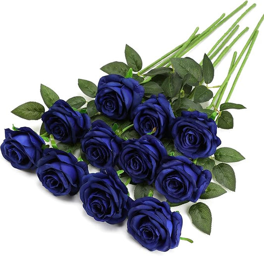 Blue Fake Roses Artificial Flowers - 10 Pcs Fake Artificial Roses Silk Flowers with Stems for Home Wedding Hotel Office Centerpiece Decor（Navy Blue）