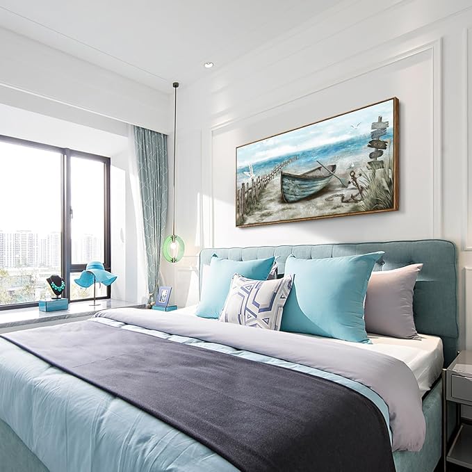 Large Framed Wall Art for Living Room Coastal Canvas Picture Seagull Vintage Boat Artwork Ocean Sea Bird Canvas Print Nautical Rowboat Blue Teal Rustic Beach Themed Farmhouse Bedroom Office Decor