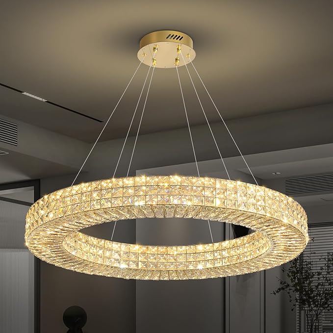 Dia 40" Modern Crystal Chandelier Ring Chandelier Adjustable Height Luxury Crystal Pendant Ceiling Light Fixture for Dining Living Room Bedroom