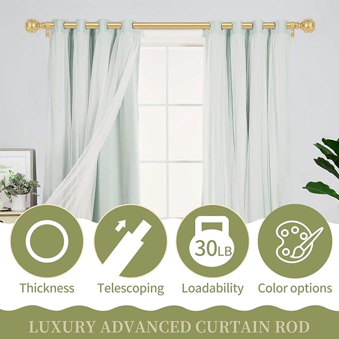 Gold Adjustable Curtain Rods for Windows:66-120 Inch Farmhouse Heavy Duty Curtain Rod for Bedroom Living Room,Boho Decorative Rustic Drapery Rods with Vintage Coastal Texture Finial,Brass Gold