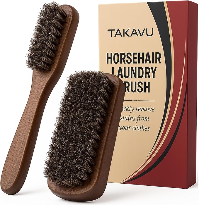 Horsehair Laundry Stain Brushes Set 2pcs by TAKAVU, Natural Soft Bristle for Scrubbing Out Tough Stains on Delicate Fabrics Knits Cotton Leather Washable Fabrics