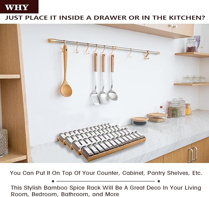 Bamboo Spice Rack Drawer Organizer - 8 Piece Set - 12" Wide, Combine Into 24" Rack (12" or 24")