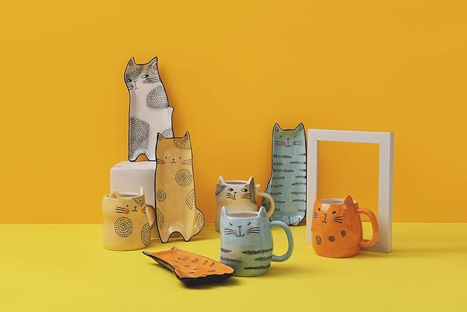Bico Cartoon Cat Coffee Mugs Set of 4, Cute Ceramic Mugs with Unique Cats Faces, Stoneware Coffee Tea Mug Gifts for Cat Lovers, Women and Men, Microwave and Dishwasher Safe (10 oz)