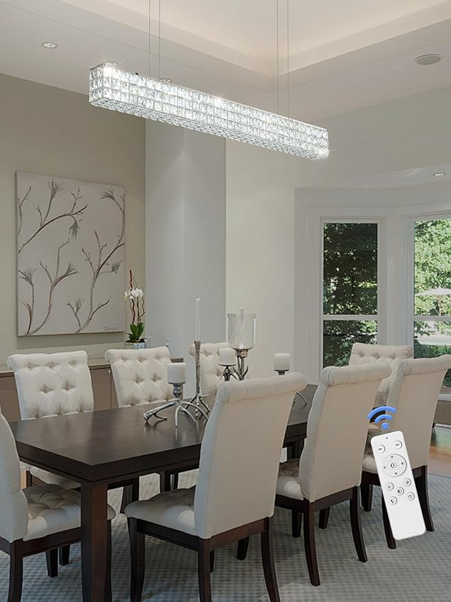 Modern Crystal Chandelier Silver Rectangular Crystal Chandelier Contemporary Linear Pendant Ceiling Light Fixture for Living Dining Room Kitchen Island (L 40")